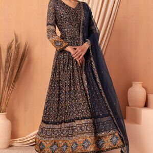 Navy Blue Abstract Print Embroidered Anarkali Gown With Dupatta